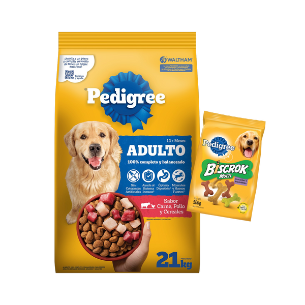 Pedigree Carne, Pollo y Cereales 21 kg + Biscrock 500 gr