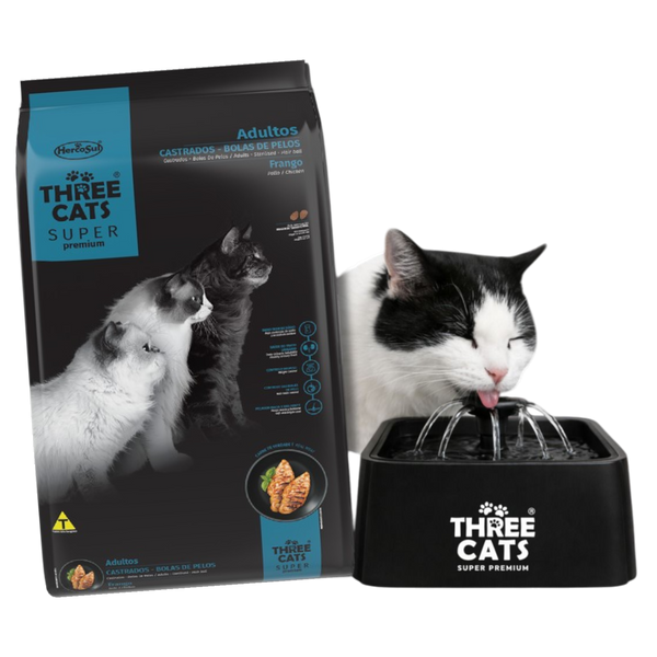 Three Cats Súper Premium Castrado + Bola de Pelo 10 kg + Fuente