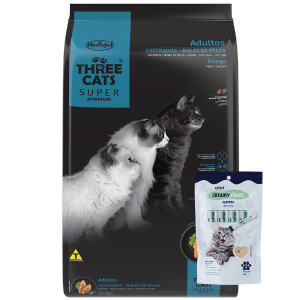Three Cats Súper Premium Castrado + Bola de Pelo 10 kg + paquete de Lopets